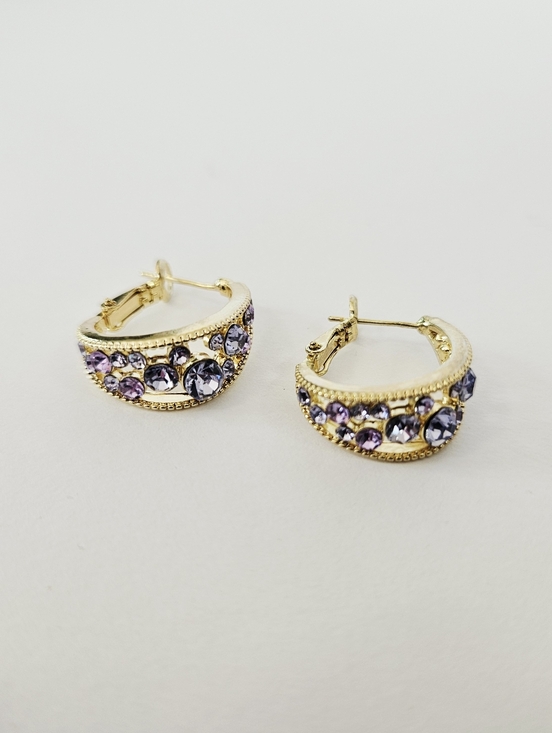 Jewelry - Sterling Silver Gold Coated Purple Rhinestone Huggie Hoop Hinge Clasps Earrings